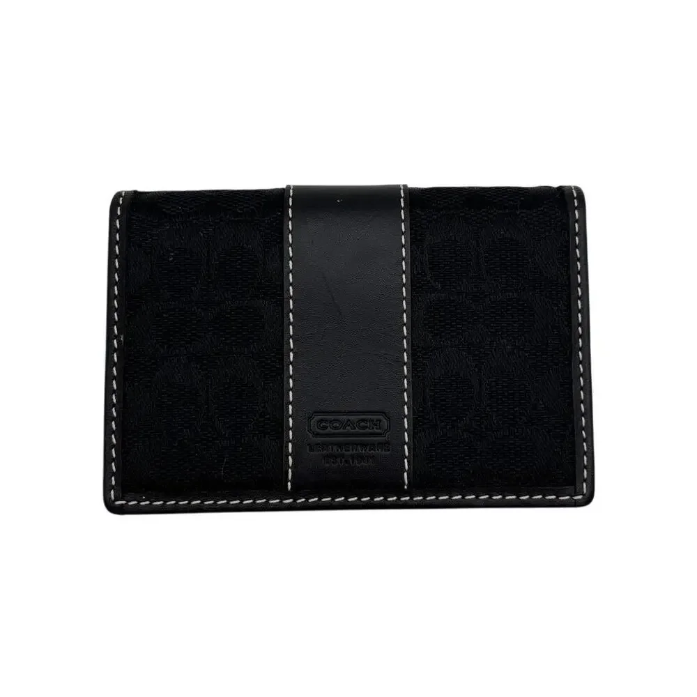 Coach Signature Jacquard Bifold Card Case Wallet Black Leather Compact